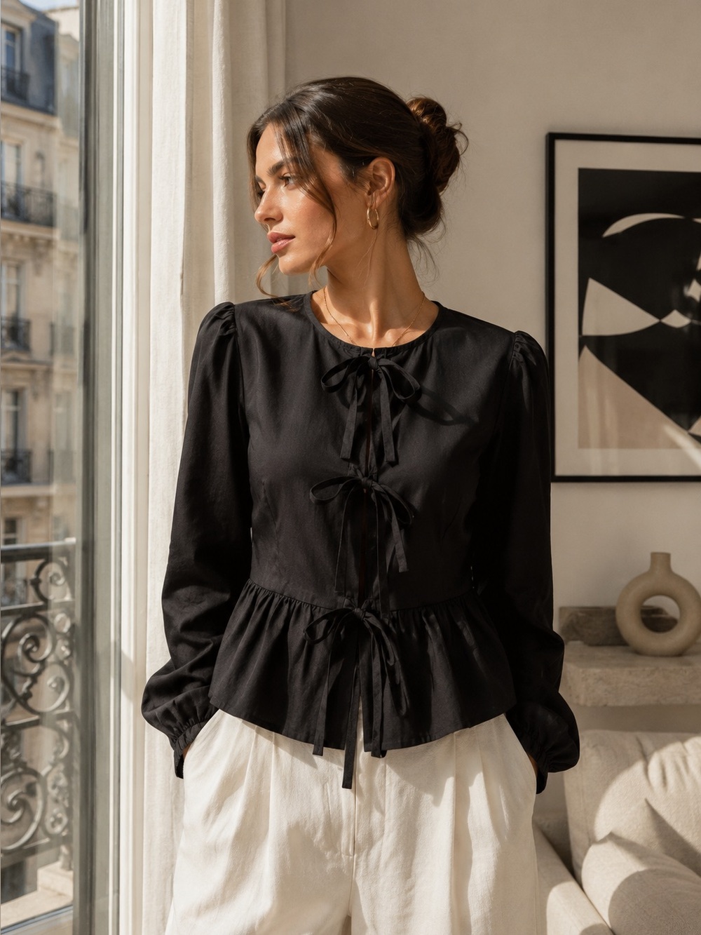 PrettyGarden Black Tie Front Peplum Blouse Puff Sleeve Long Sleeve Top Medium